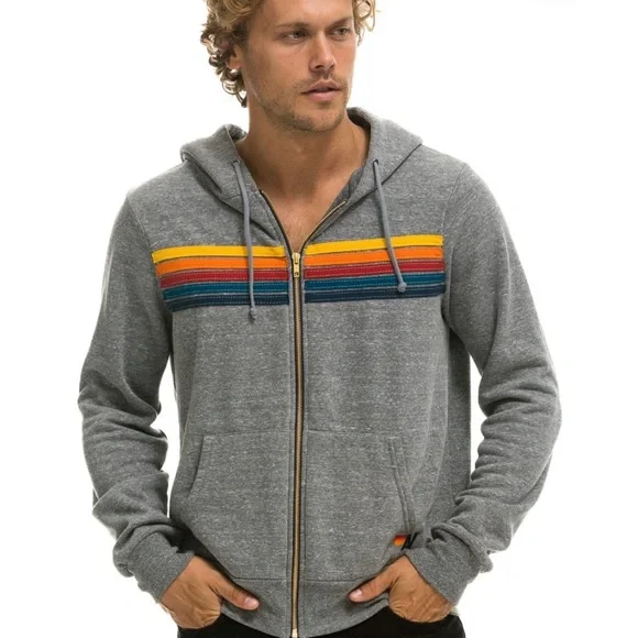 Aviator Nation Gray Zip Hoodie with Retro Sunset Stripes Size L - Picture 2 of 8